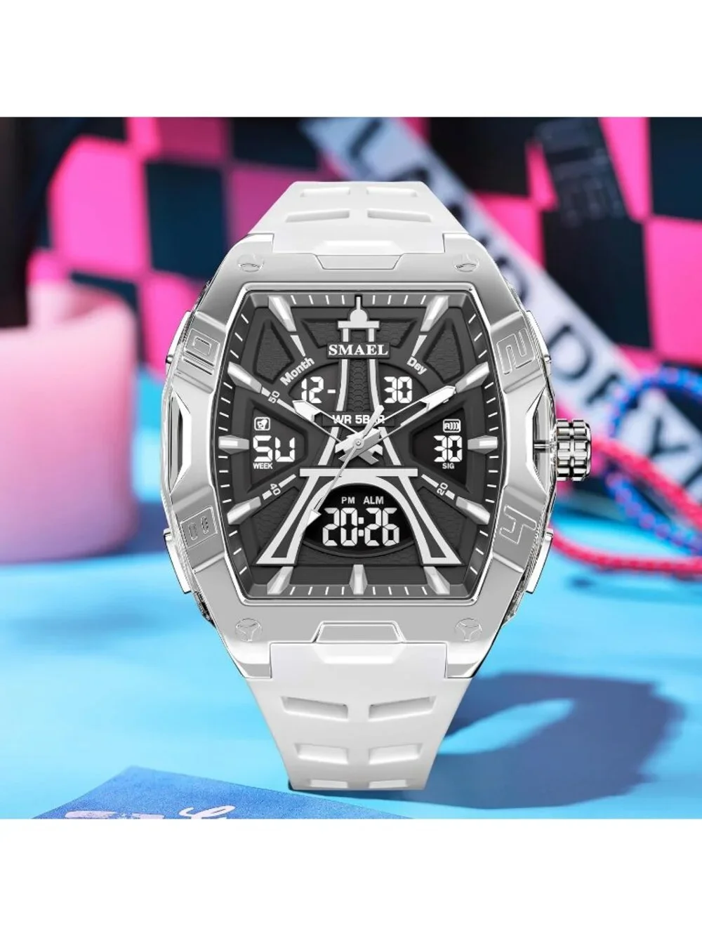 Men's White Analog Quartz Waterproof Sports Classic Square LED Digital Watch